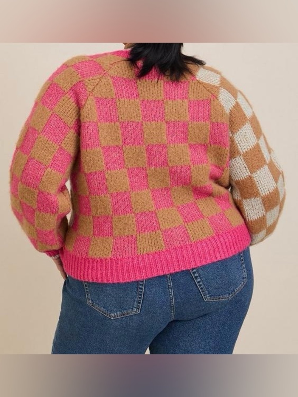 Torrid Chunky Cardigan V-Neck Button Front Sweater pink tan checkered - Picture 2 of 12